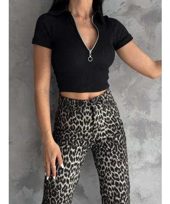 kaşkorse yaka fermuarlı bluz siyah