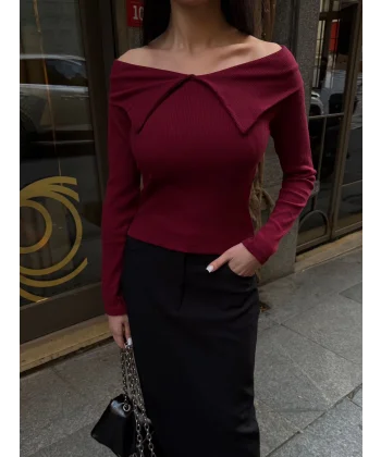 Kelebek yaka uzun kol bluz bordo