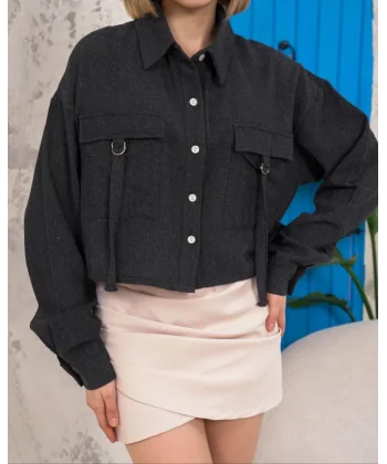 Kemer cepli keten crop gömlek siyah s255350