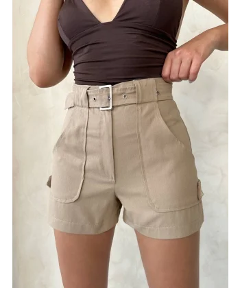 Kemer detaylı gabardin şort bej s25289