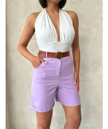 Kemerli gabardin şort lila s25735