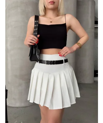 Kemerli piliseli şort etek beyaz s25305