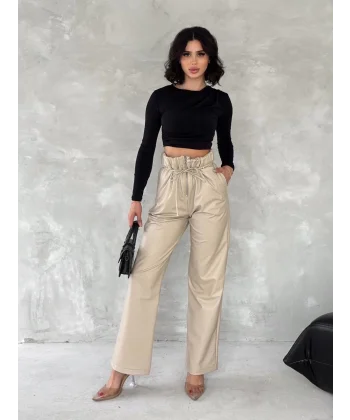 Kendinden ince kemerli deri pantolon bej t1178