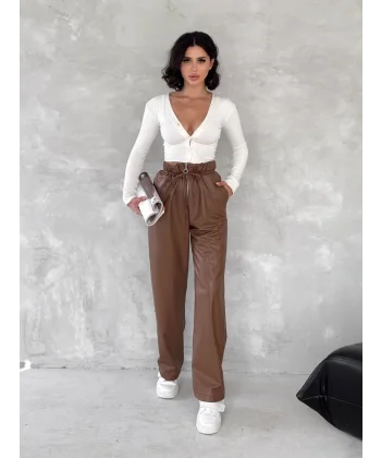 Kendinden ince kemerli deri pantolon kahve t1178