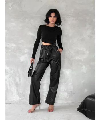 Kendinden ince kemerli deri pantolon siyah t1178