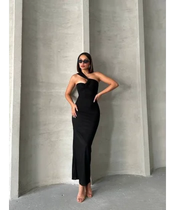 Krinkıl tek omuz uzun elbise siyah s25455