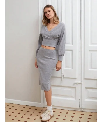Kruvaze şardonlu etekli takım gri