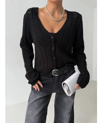 Küçük düğmeli küçük örgülü triko hırka siyah