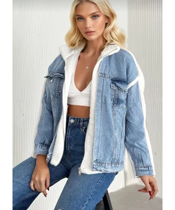 Kürklü kot ceket mavi t7009