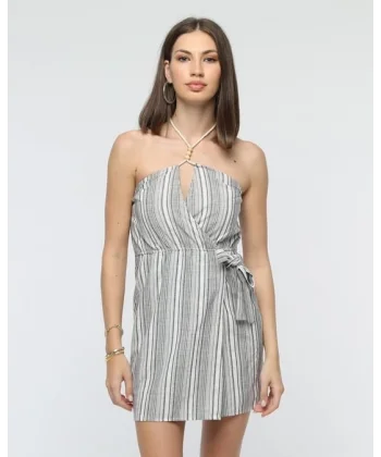 Kuşaklı çizgili mini keten elbise