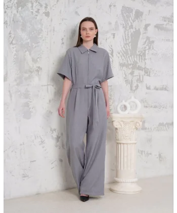 Kuşaklı gömlek yaka salaş tulum gri s255822
