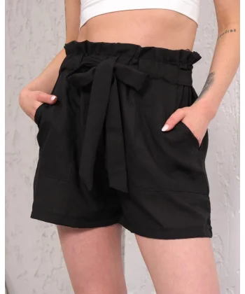 Kuşaklı keten şort siyah s255265