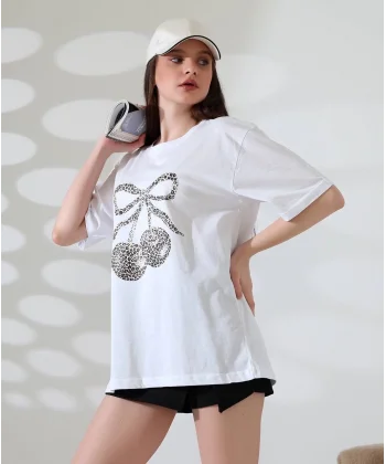 Leopar desenli kiraz baskılı tişört