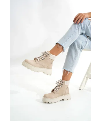 LMÇ-2045 Bej Süet Bağcıklı Kalın Taban Kadın Günlük Bot