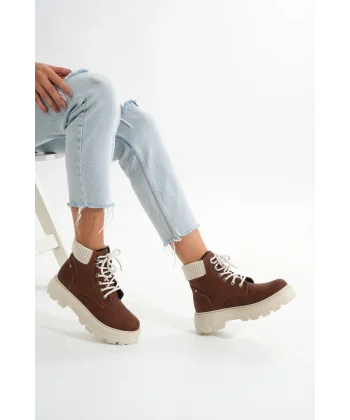 LMÇ-2045 Kahverengi Süet Bağcıklı Kalın Taban Kadın Günlük Bot