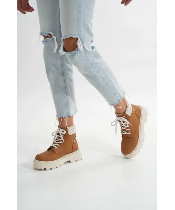 LMÇ-2045 Taba Süet Bağcıklı Kalın Taban Kadın Günlük Bot