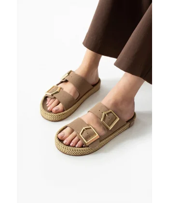 Loera Vizon Nubuk Çift Tokalı Terlik