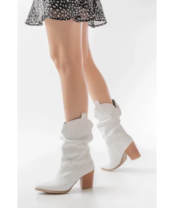 LS-1860 Beyaz Körüklü Kalın Topuklu Günlük Kadın Bot