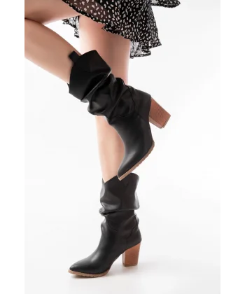 LS-1860 Siyah Körüklü Kalın Topuklu Günlük Kadın Bot