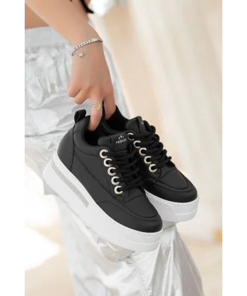 Lulu Siyah Cilt Beyaz Tabanlı Bağcıklı Spor Ayakkabı