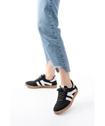 M-1004 Siyah Süet Bağcıklı Termo Taban Günlük Kadın Spor