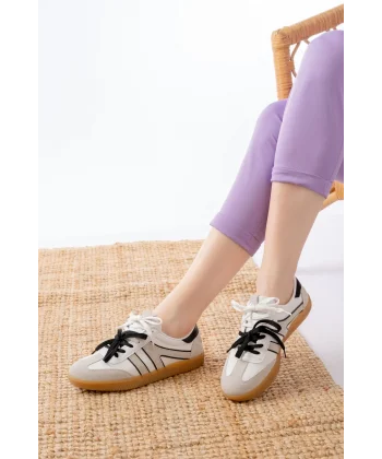 M-6005 Beyaz Garni  Bağcıklı Termo Taban Günlük Kadın Spor