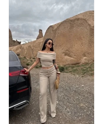 Madonna yaka bol paça pantolonlu takım