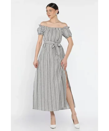 Madonna yaka midi yırtmaçlı kuşaklı keten elbise