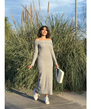 Madonna yaka uzun elbise şardonlu kumaş gri w3753