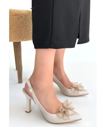 Mewi Bej Saten Topuklu Ayakkabı