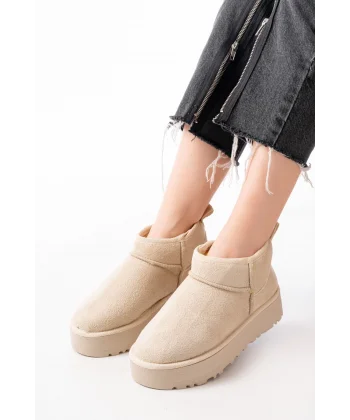 NDR-2850 Bej Süet İçi Kürklü Kışlık Kapalı Burun Kadın Günlük Terlik