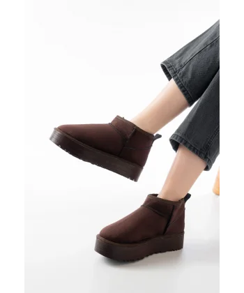 NDR-2850 Kahverengi Süet İçi Kürklü Kışlık Kapalı Burun Kadın Günlük Terlik