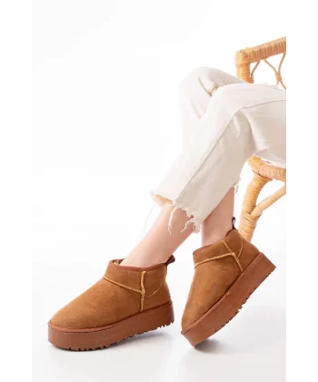 NDR-2850 Taba Süet İçi Kürklü Kışlık Kapalı Burun Kadın Günlük Terlik