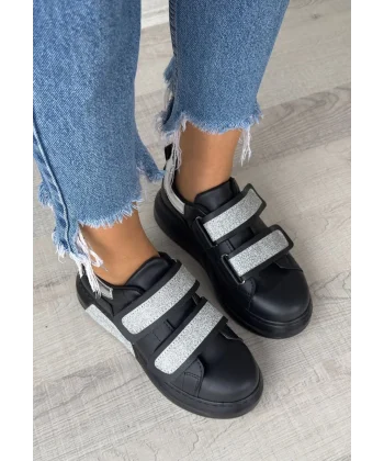 Nino Siyah Cilt Simli Cırt Cırtlı Spor Ayakkabı