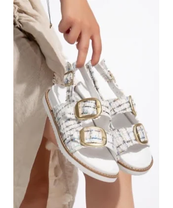 Olira Beyaz Simli Kemerli Sandalet