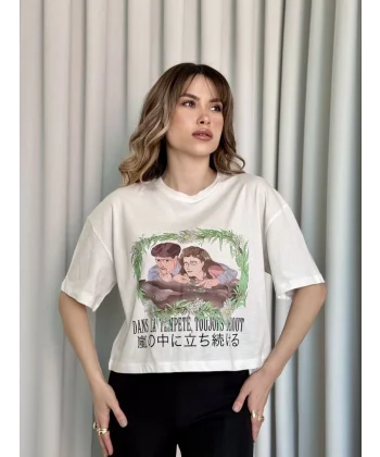 Oversize Beyaz baskılı crop tişört