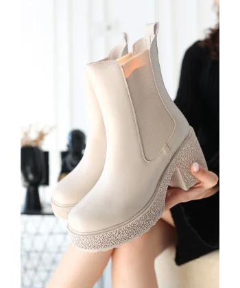 Paigo Bej Cilt Topuklu Bot