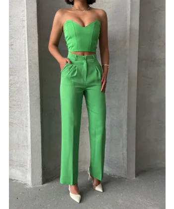 Palazzo pantolonlu alt üst takım yeşil