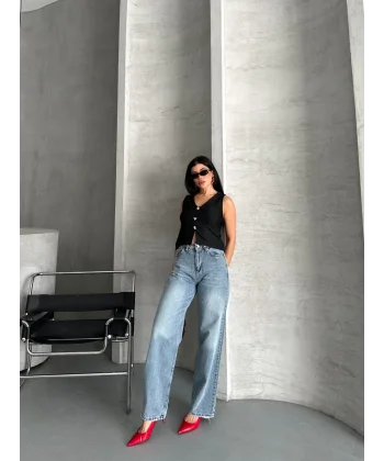 Palazzo straight kar yıkama jeans pantolon mavi d2008