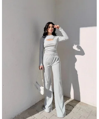 Pencereli detaylı alt üst takım gri w3864