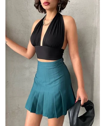 Pileli düğmeli etek yeşil s24811