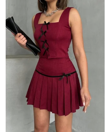 Pileli etek yelek takım bordo s255015