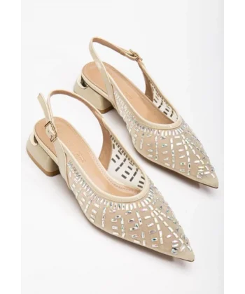 Piyar Bej Taşlı Topuklu Ayakkabı