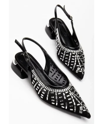 Piyar Siyah Taşlı Topuklu Ayakkabı