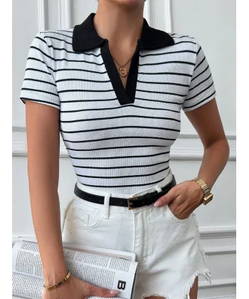 Polo yaka garnili bluz Beyazsiyah