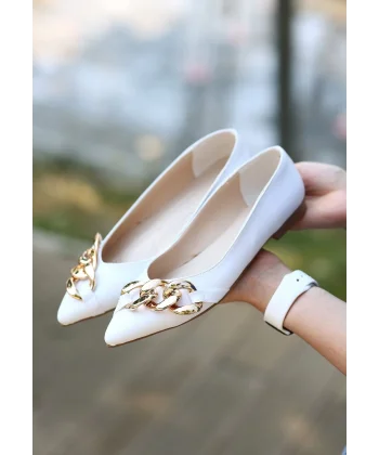 Popi Beyaz Cilt Zincirli Babet Ayakkabı