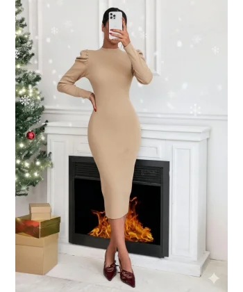 Prenses kol kaşkorse elbise bej a3691