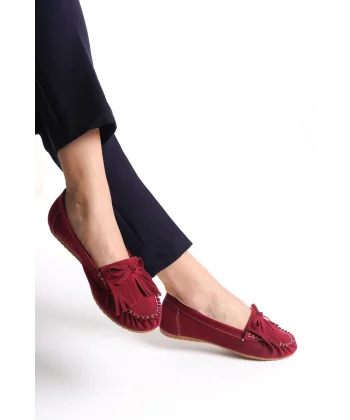 PS-100 Bordo Süet Püsküllü Günlük Kadın Babet