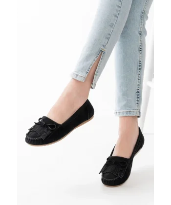 PS-100 Siyah Süet Püsküllü Günlük Kadın Babet