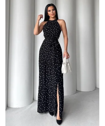 Puantiyeli yırtmaçlı elbise N4233